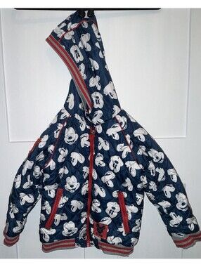 Disney Mickey Mouse Hooded Puffer Jacket Coat All Over Blue Red Kids Sz 4T READ